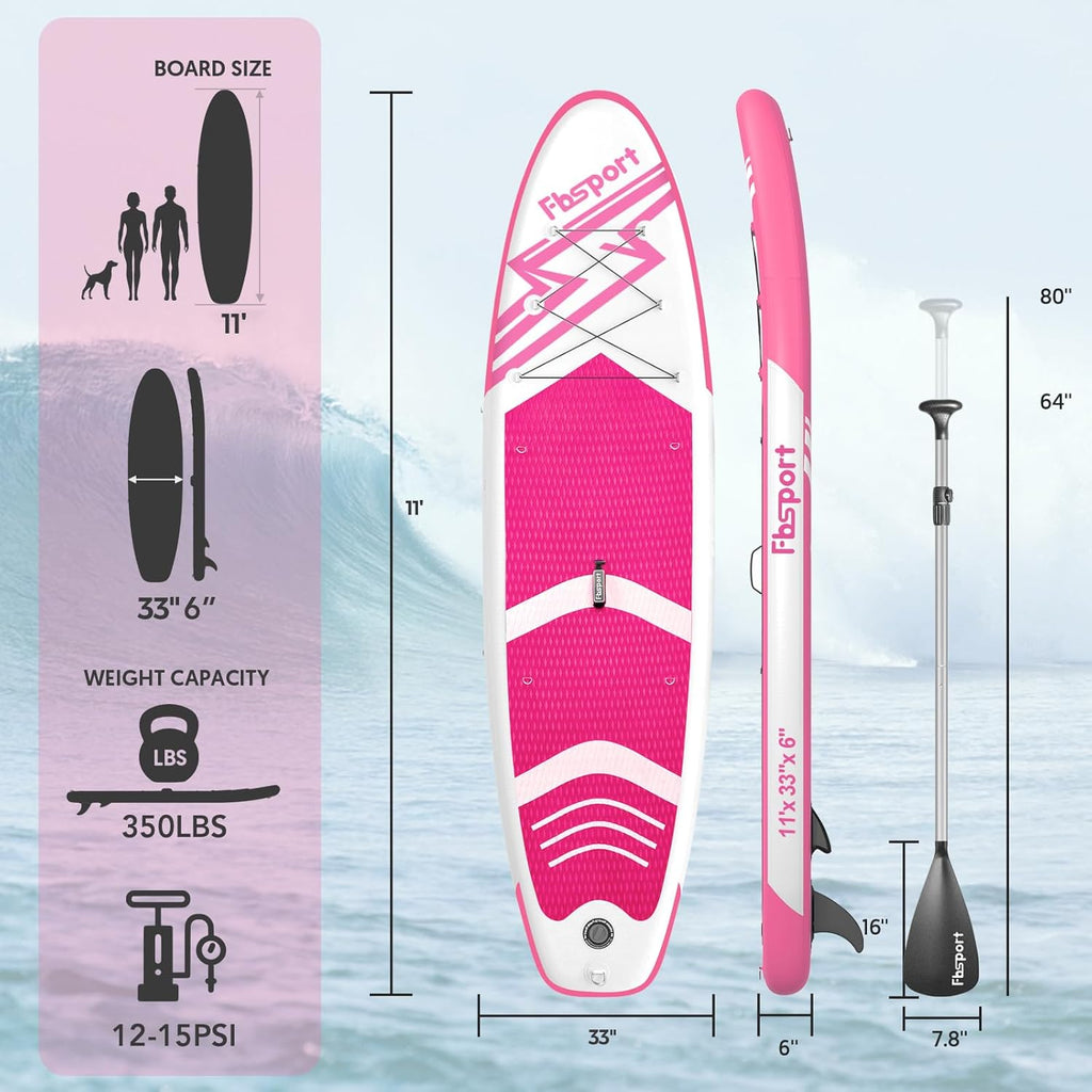 FBSPORT 11' Premium Stand Up Paddle Board, Yoga Board with Durable SUP Accessories & Carry Bag | Wide Stance, Surf Control, Non-Slip Deck, Leash, Paddle and Pump for Youth & Adult wourant