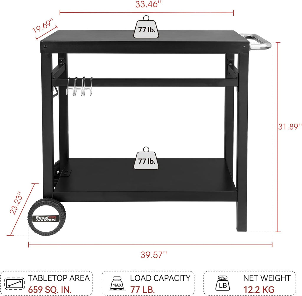 Royal Gourmet Dining Cart Table with Double-Shelf, Movable Stainless Steel Flattop Grill Cart, Hooks, Side Handle, Multifunctional PC3401B (Black) wourant