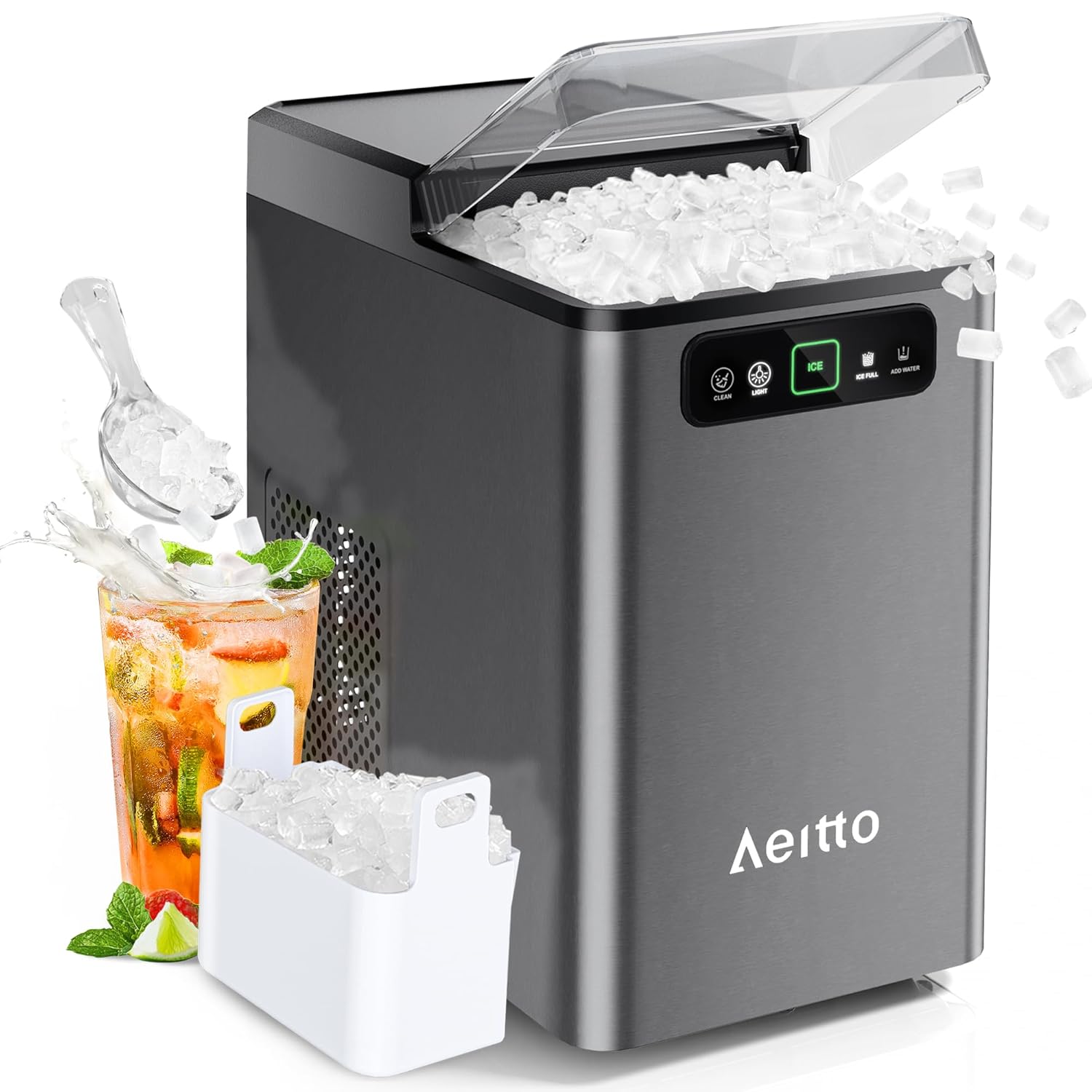 Aeitto Nugget Ice Maker 40Lbs/24H, Countertop Soft Chewable Ice Pebble Ice Machine, One-Click Operation, Auto Self-Cleaning Ice Makers with Scoop&Basket for Home, Office, Kitchen, Party (Grey) woonhhop