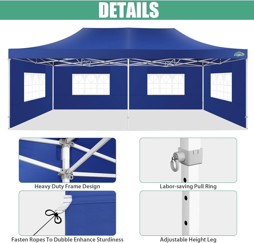 COBIZI 10x20 Heavy Duty Pop up Canopy Tent with 6 sidewalls Easy Up Commercial Outdoor Canopy Wedding Party Tents for Parties All Season Wind & Waterproof Gazebo with Roller Bag,Black(Frame Thickened) wourant