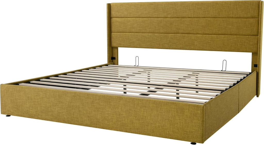 Allewie Queen Size Lift Up Storage Bed Modern Wingback Headboard Hydraulic Support wourant