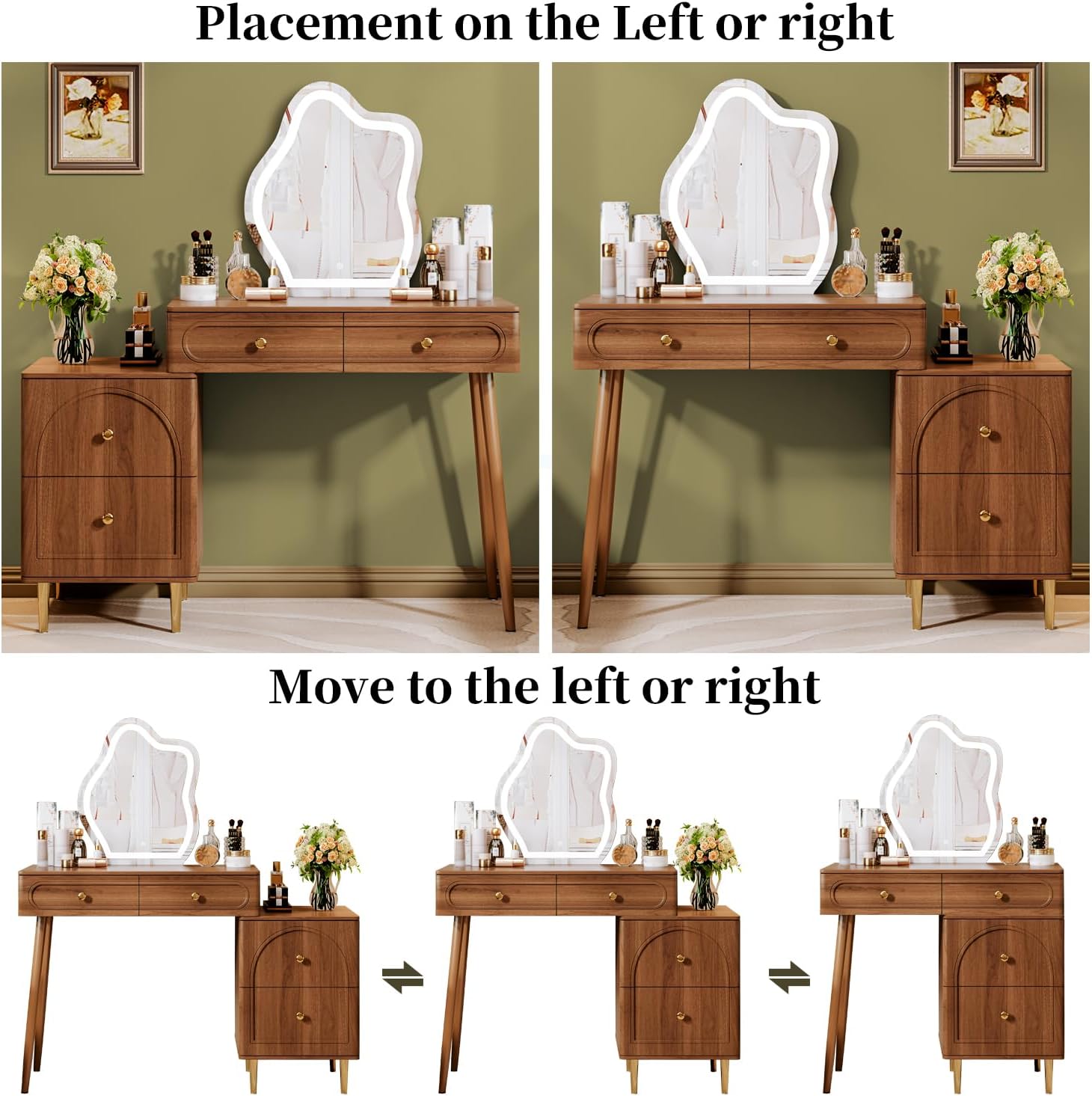 Walnut Stylish Corner Makeup Vanity Table，Vanity Desk with Lighted Mirror wourant