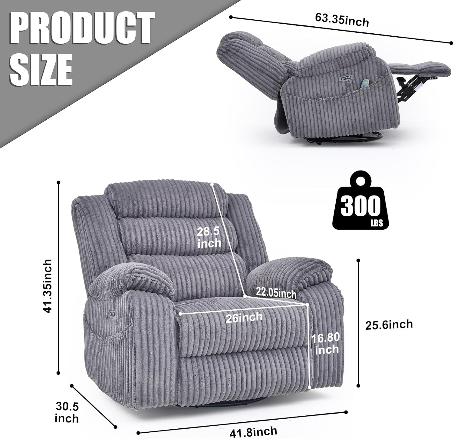 Electric rotary rocker lounge chair for adults with massage and calories, USB and C charging ports wourant