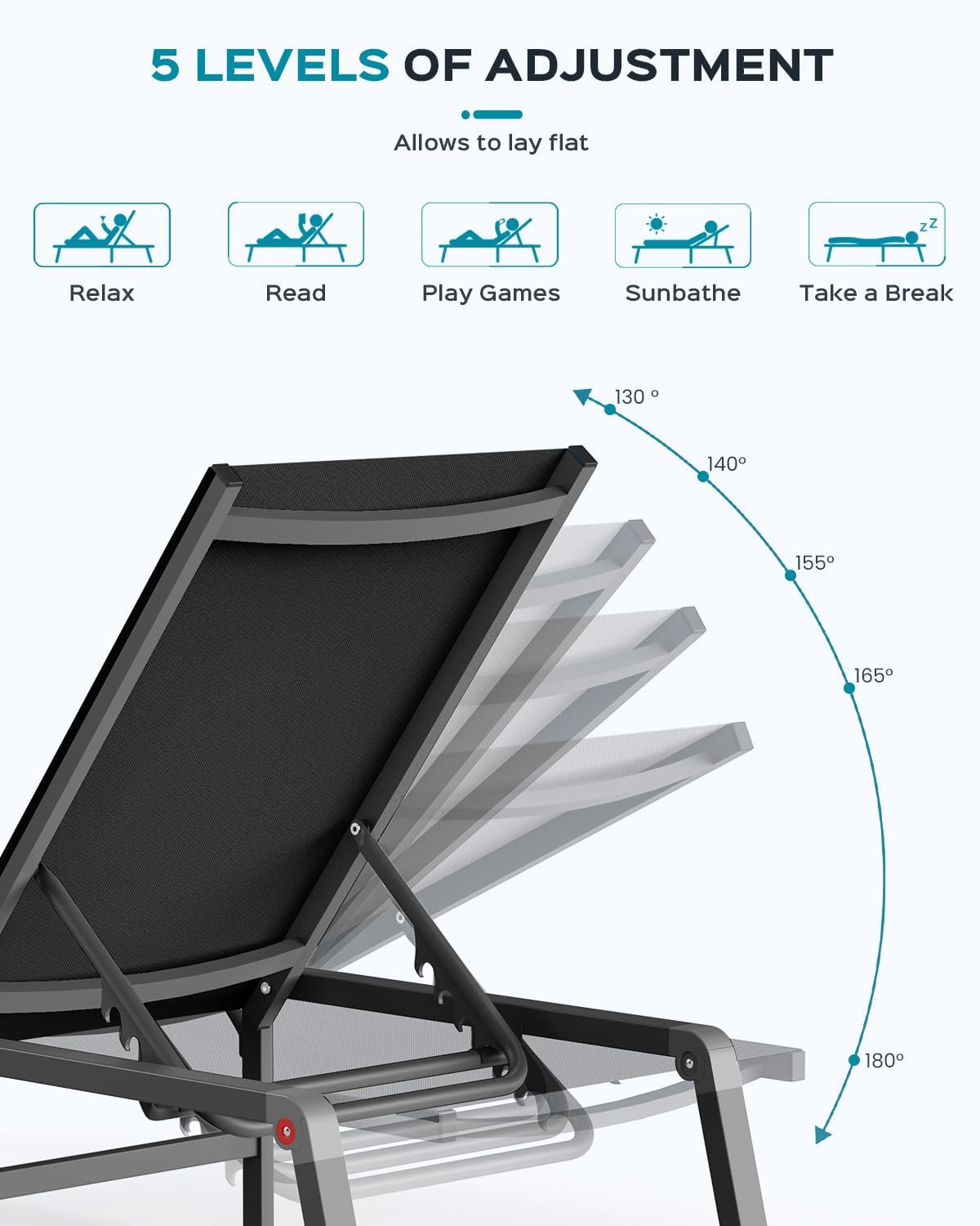 Aluminum Chaise Lounge Ourdoor - Foldable & Assemble Free Outdoor Lounge Chair with 5 Adjustable Backrest, Patio Lounge Chair for Outside Poolside Beach Pool, Black wourant