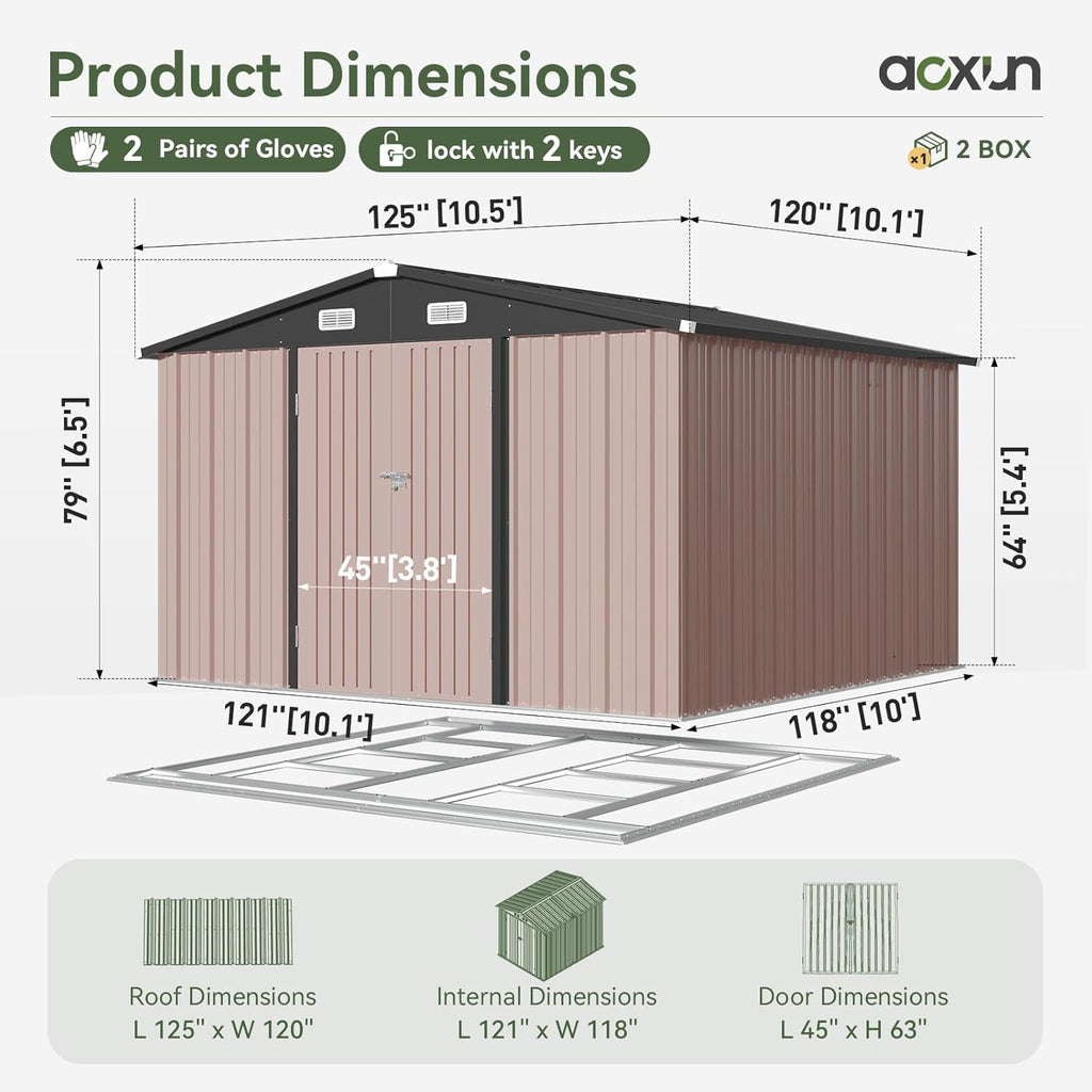 Aoxun 12x10 FT Shed Metal Outdoor Waterproof Storage Shed Steel Utility Garden Tool Shed with Door & Lock Outdoor Storage for Garden Patio Lawn Poolside, Brown wourant