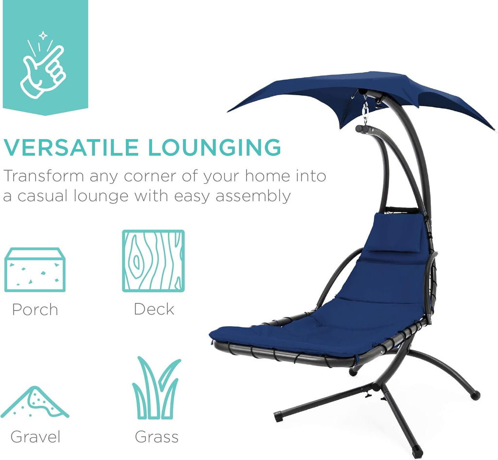 Best Choice Products Outdoor Hanging Curved Steel Chaise Lounge Chair Swing w/Built-in Pillow and Removable Canopy - Charcoal Gray wourant