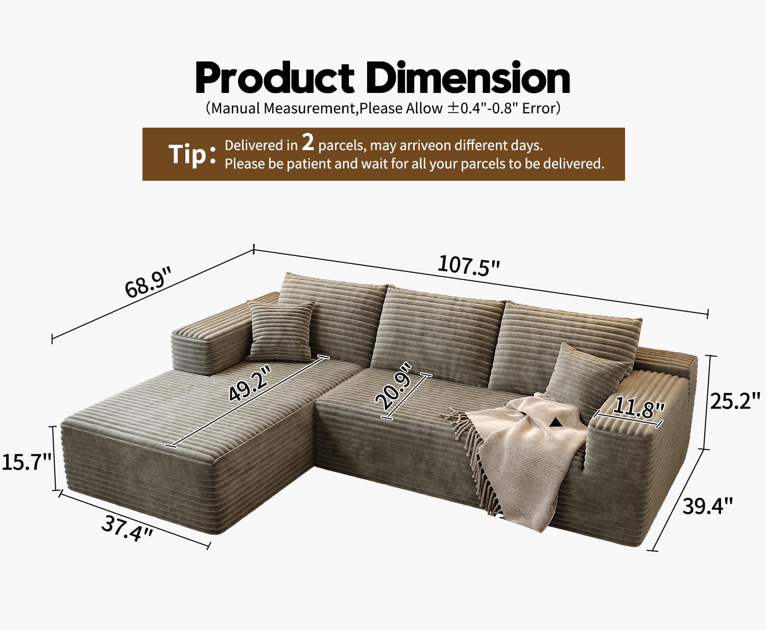 107.5 inch Cloud Modular Sectional Sofa with L-Shaped Chaise Lounge, Modern Minimalist Upholstered Sofa Deep Seating Corner Sofa wourant