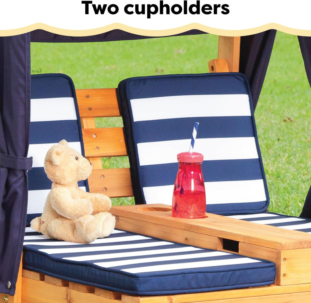 KidKraft Wooden Outdoor Double Chaise Lounge with Cup Holders, Kid's Patio Furniture, Honey with Navy and White Striped Fabric, Gift for Ages 3-8 wourant
