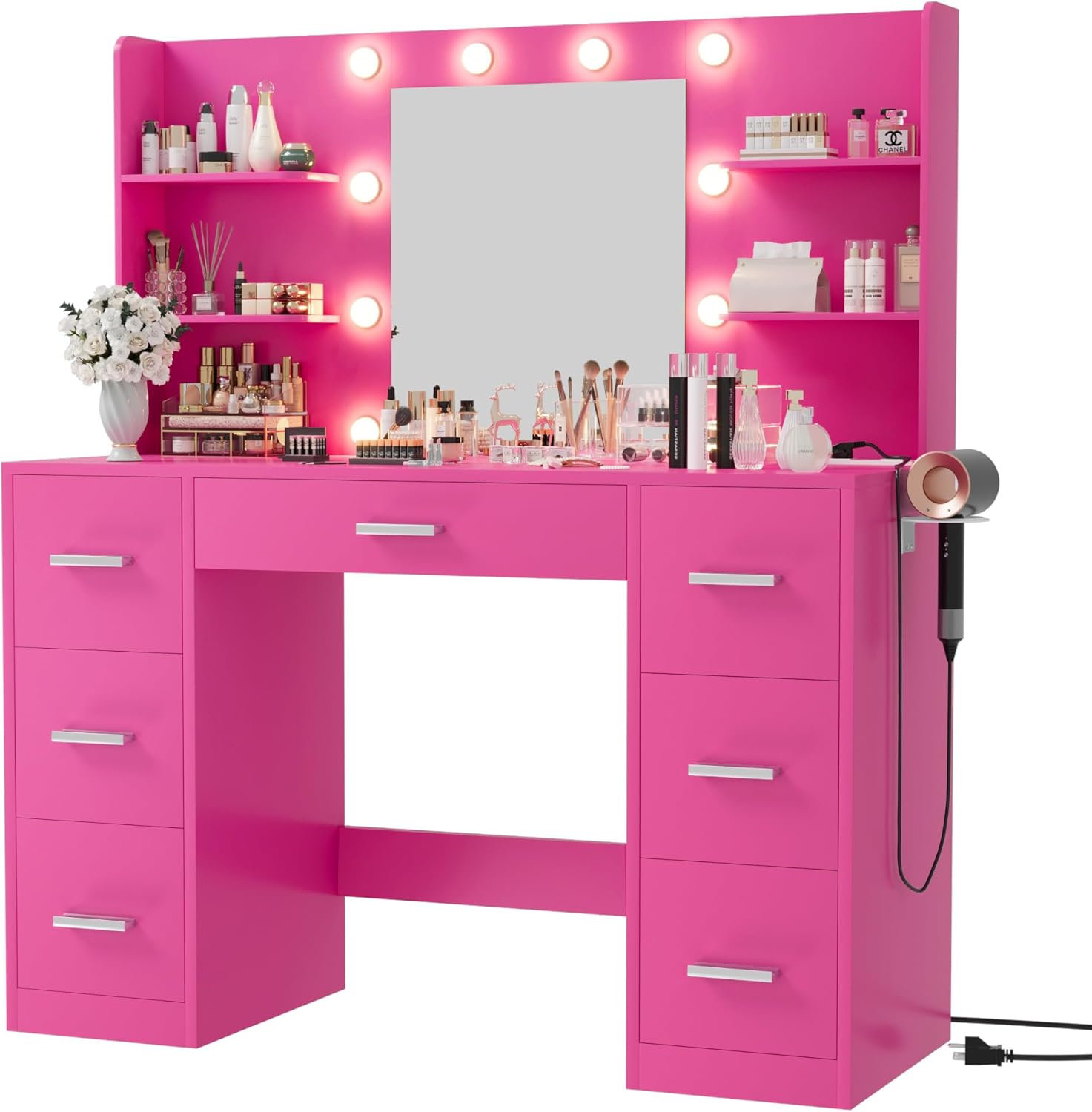 Furmax Vanity Desk with Mirror, LED Lights and Power Outlet Makeup Vanity Table wourant