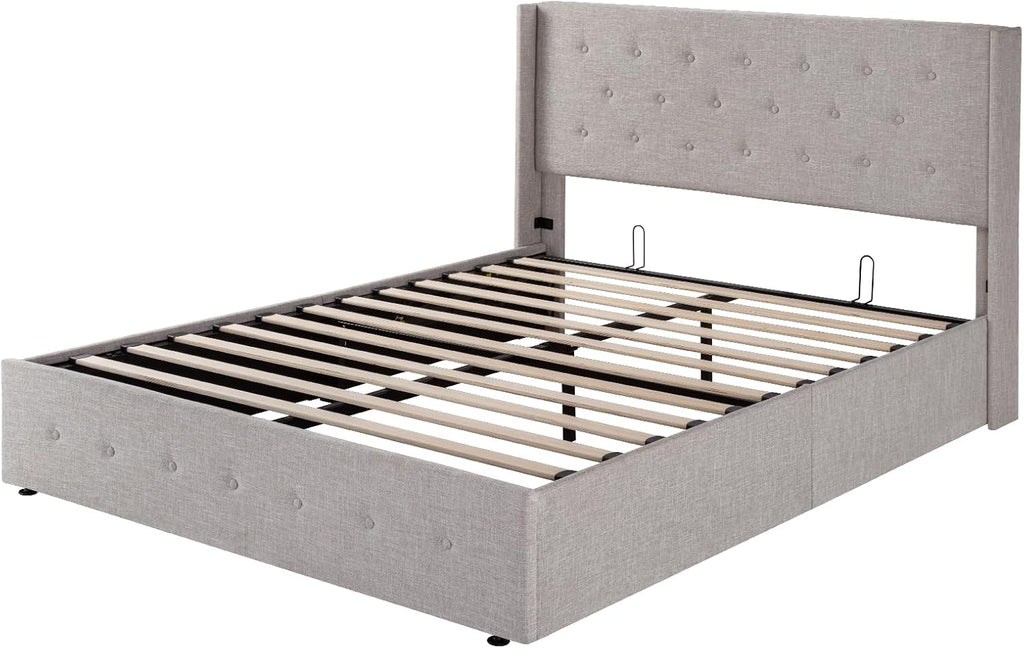 Allewie Queen Size Lift Up Storage Bed Modern Wingback Headboard Hydraulic Support wourant