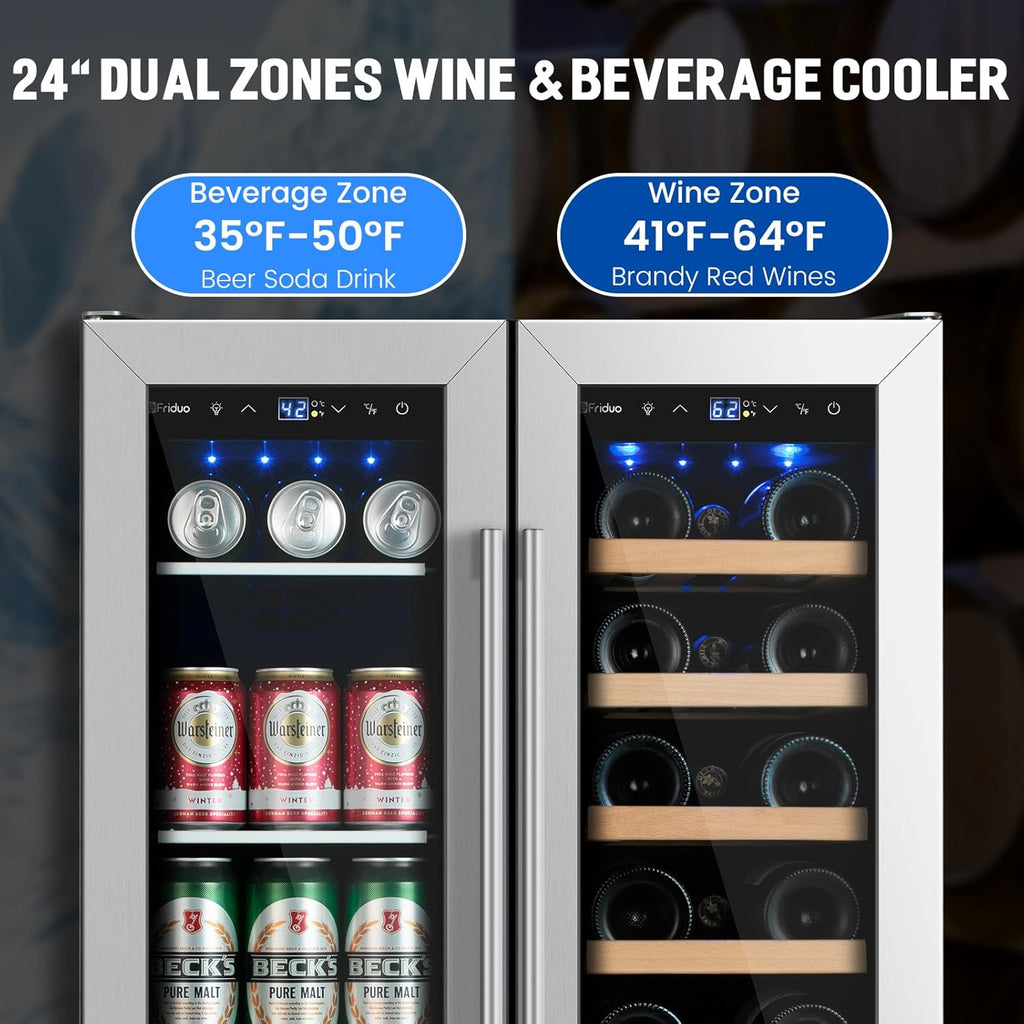24 inch Dual Zone Beverage Refrigerator, 30 Bottles & 82 Cans Wine Fridge Built-in or Freestanding with Glass Door, Wine and Beverage Refrigerator Cooler for Kitchen Home Bar wourant