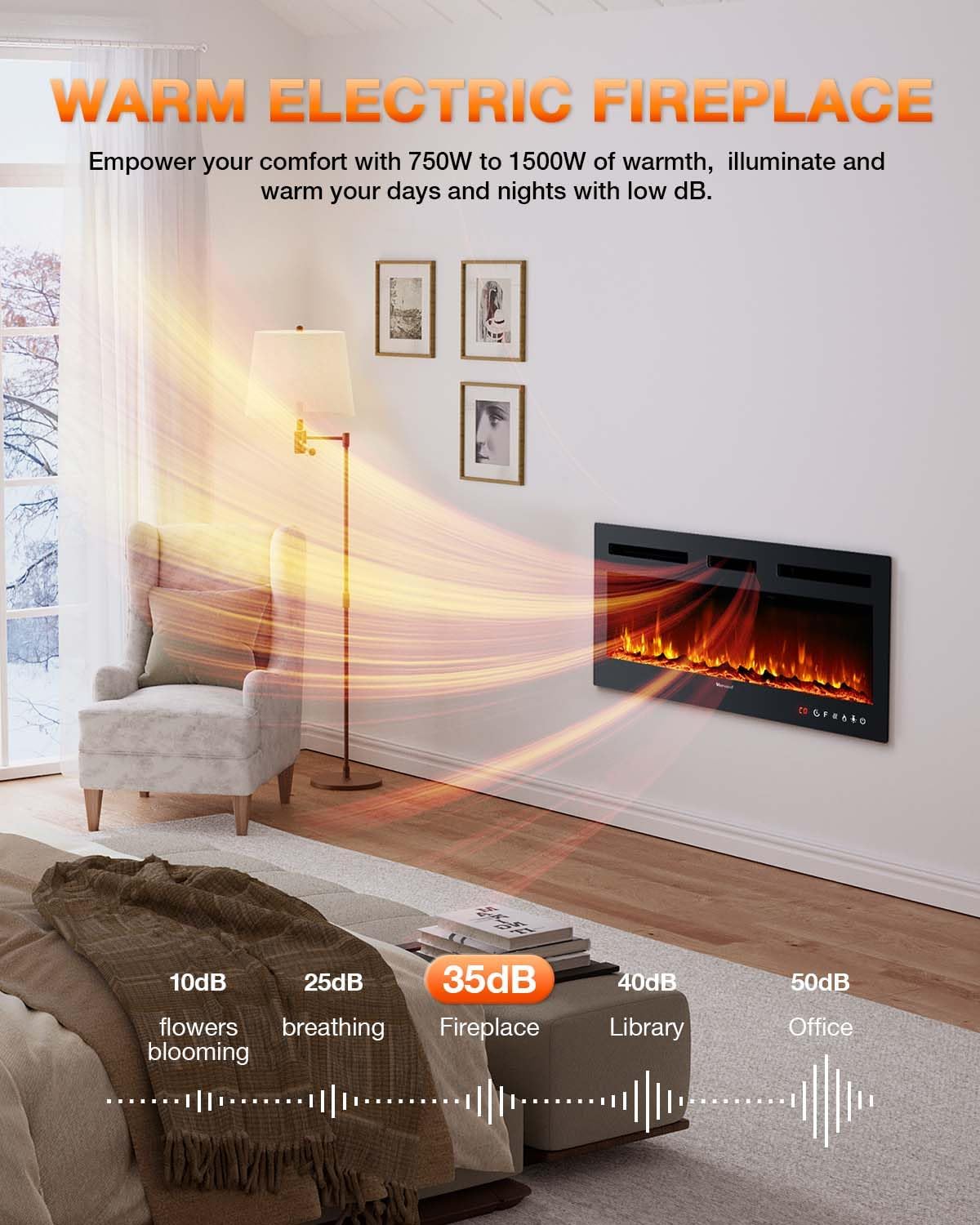 Electric Fireplace 60Inch,Wall Mounted Electric Fireplace Heater with Timer Inserts，TV Stand Touch Screen and Realistic Flame,Log Set,Crystal Flames 750 to 1500W，Remote for Living Room wourant