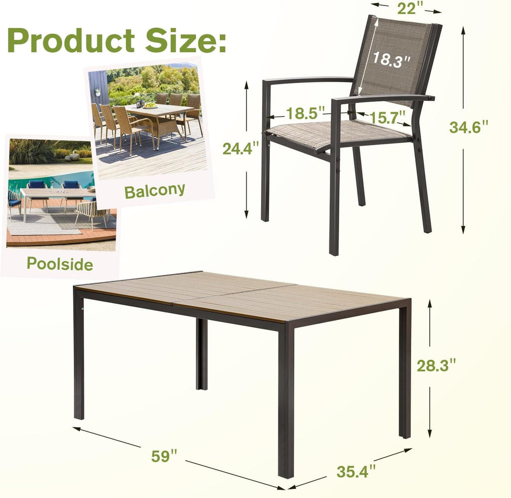 Homall Patio Dining Set 7 Pieces Outdoor Furniture with Large Table and 6 Textilene Chairs for Porch, Brown wourant