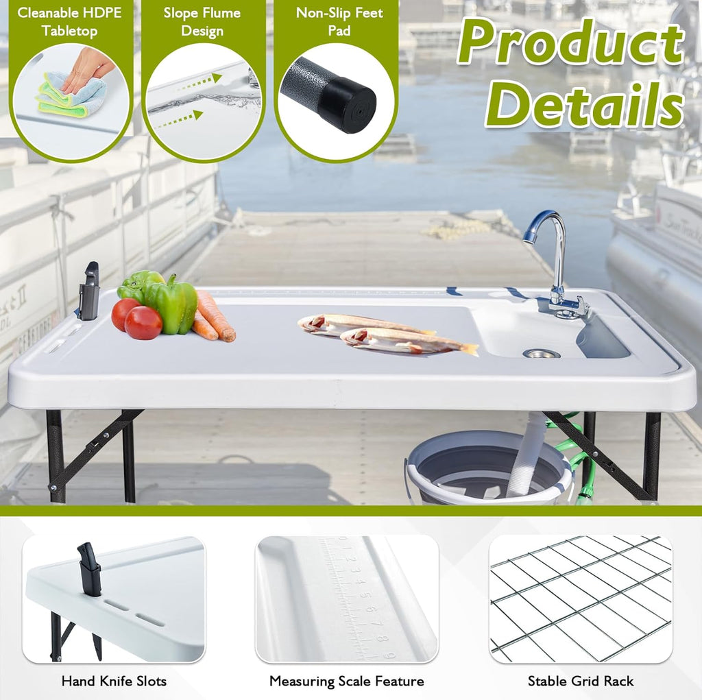 Folding Fish Cleaning Table Portable Camping Sink Table with Faucet Drain Hose and Sprayer Outdoor Fish Fillet Cleaning Station wourant