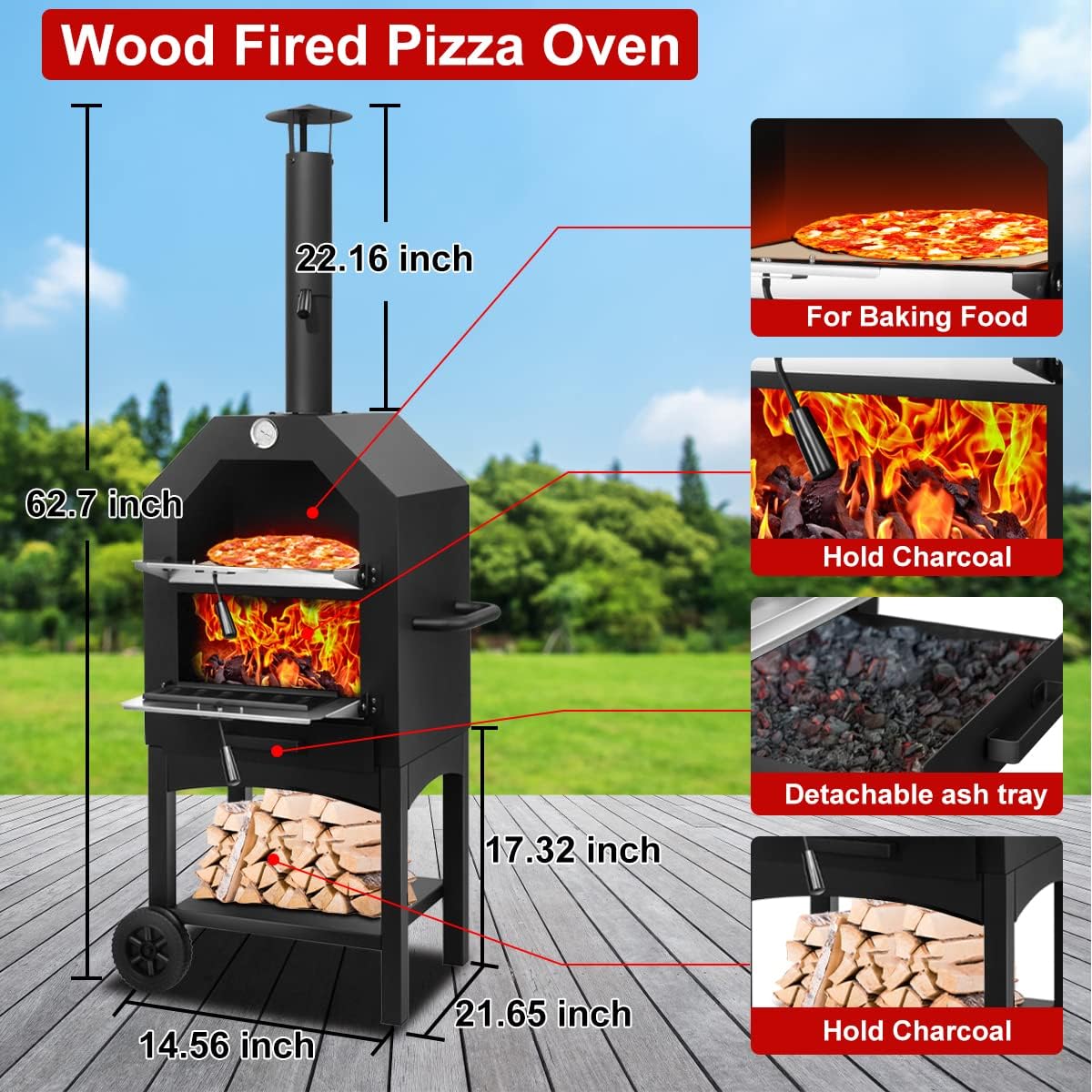 EDOSTORY Outdoor Pizza Oven, Wood Fired for Outside, Patio Maker With Stone, Peel, Grill Rack, and Waterproof Cover for Backyard Camping wourant