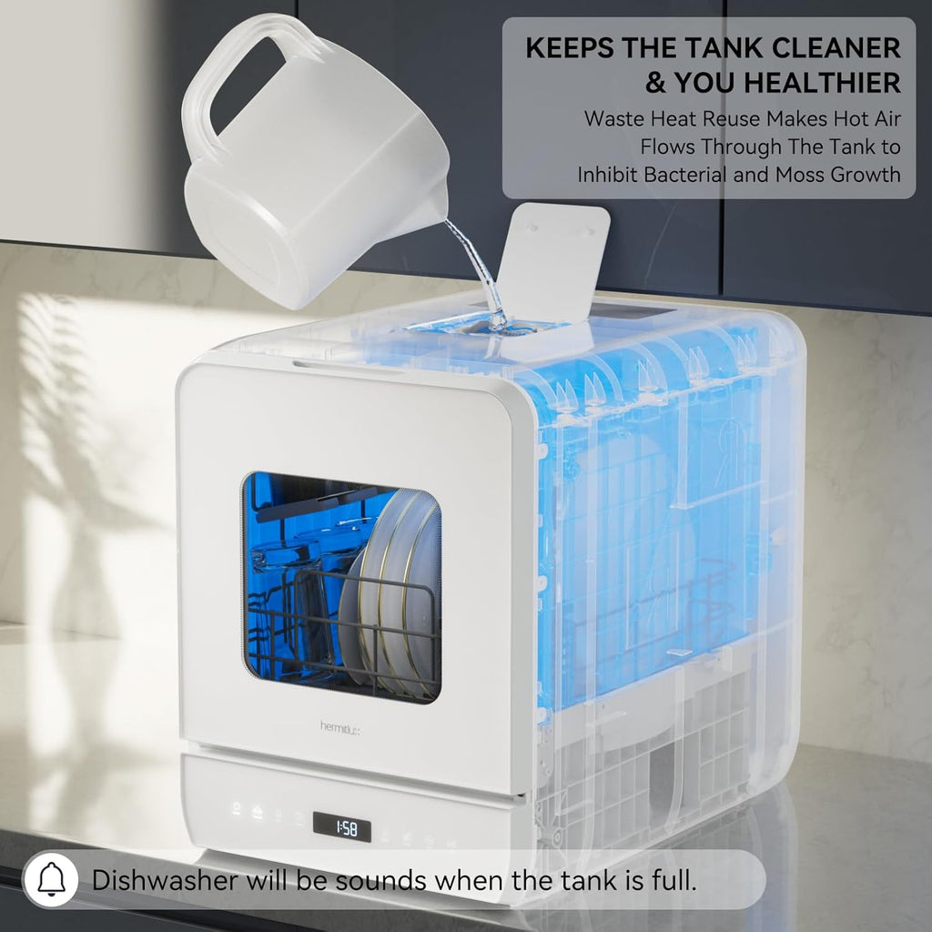 Hermitlux Countertop Dishwasher, 7 Washing Programs Portable Mini Dishwasher with 5-Liter Built-in Water Tank for Apartments & RVs, LED Light, Glass Door, No Hookup Needed wourant
