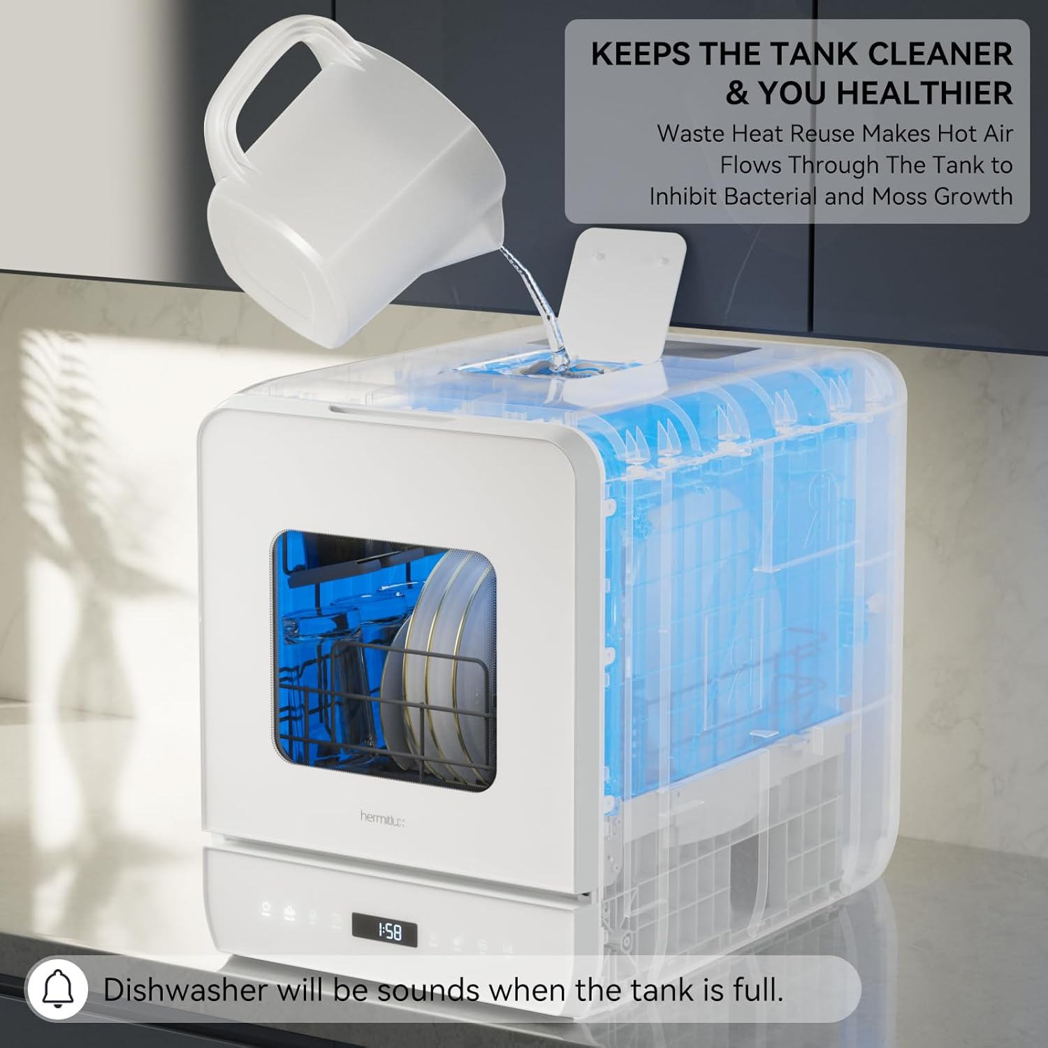 Hermitlux Countertop Dishwasher, 7 Washing Programs Portable Mini Dishwasher with 5-Liter Built-in Water Tank for Apartments & RVs, LED Light, Glass Door, No Hookup Needed wourant