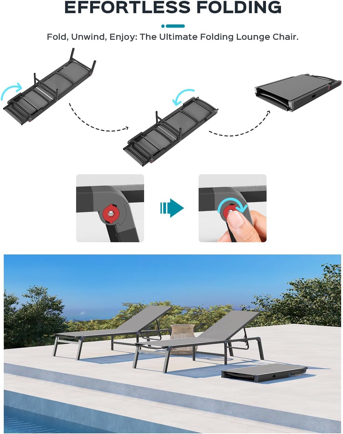 Aluminum Chaise Lounge Ourdoor - Foldable & Assemble Free Outdoor Lounge Chair with 5 Adjustable Backrest, Patio Lounge Chair for Outside Poolside Beach Pool, Black wourant