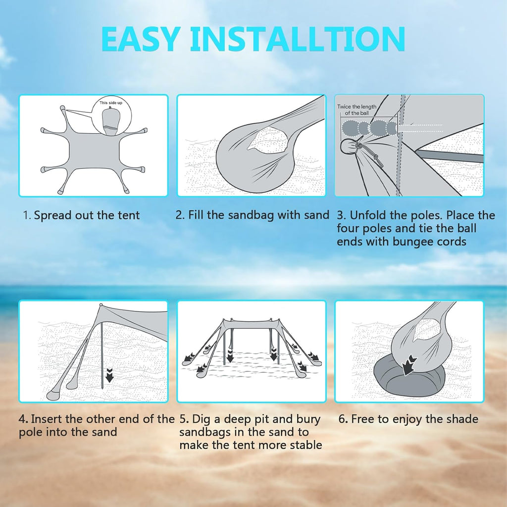 Beach Tent Sun Shelter, 10 x 10 FT Beach Canopy Tent Sun Shade Heavy Duty, UPF50+ Beach Tent Canopy with 8 Sandbags & 4 Stability Poles, Outdoor Beach Shade Canopy for Camping and Fishing, Blue wourant