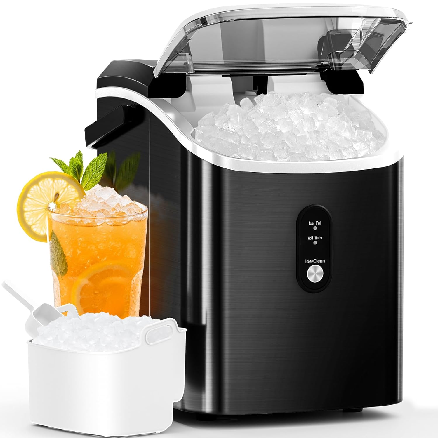 Antarctic Star Nugget Ice Maker Countertop with Soft Chewable Ice, Portable Sonic Ice Maker with Basket and Scoop, Removable Top Cover, Auto-Cleaning for Home/Party/RV/Camping (Stainless Steel Silver) woonhhop