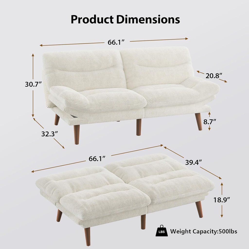 Pipishell Convertible Futon Sofa Bed,66" Corduroy Futon Couch with Adjustable Backrest and Armrests, Recliner Sleeper Sofa for Small Spaces, Play Room or Office, Grey wourant