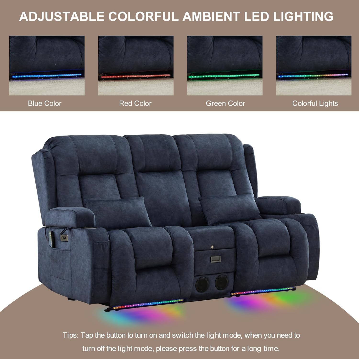 TUNYI Power Loveseat Recliner Sofa with Massage & Heat Home Theater Seating with Console Electric Recliner RV Sofa with USB/Outlet/Storage/Side Pocket/LED Light/Speaker (Brown, Loveseat) wourant