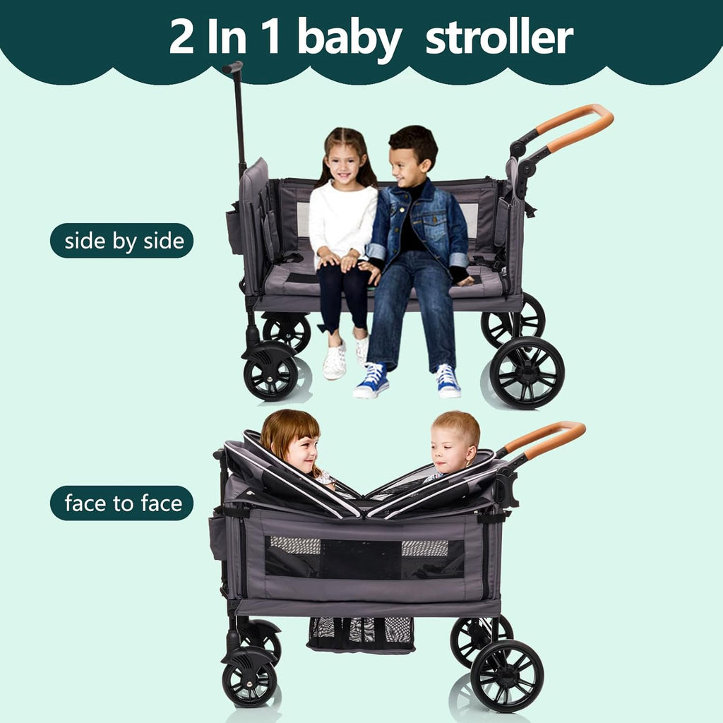 Wagon Stroller for 2 Kids & Cargo-Travel Stroller Push-Pull Double Wagon Lightweight Folding Stroller for Newborn&Toddler with 5-Point Harness,Adjustable Handle Bar and Canopy,Tray Table,Cup Holder wourant