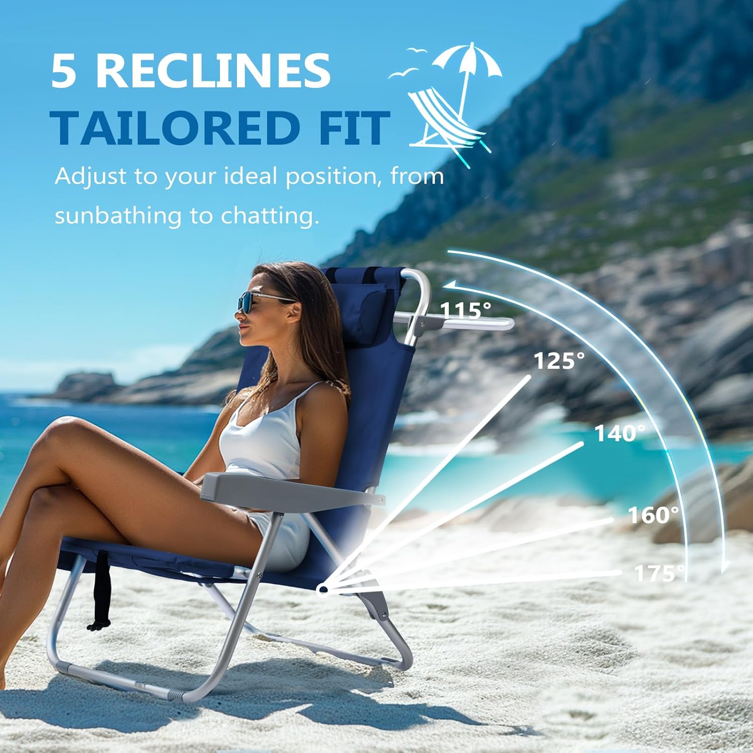 5-Position Aluminum Lay Flat Tall Backpack Beach Chairs 2 Pack Compact Portable Beach Chairs for Adults with Cooler Pouch, Storage Pouch, Towel Bar, Cup Holder & Phone Holder, Blue Stripe wourant