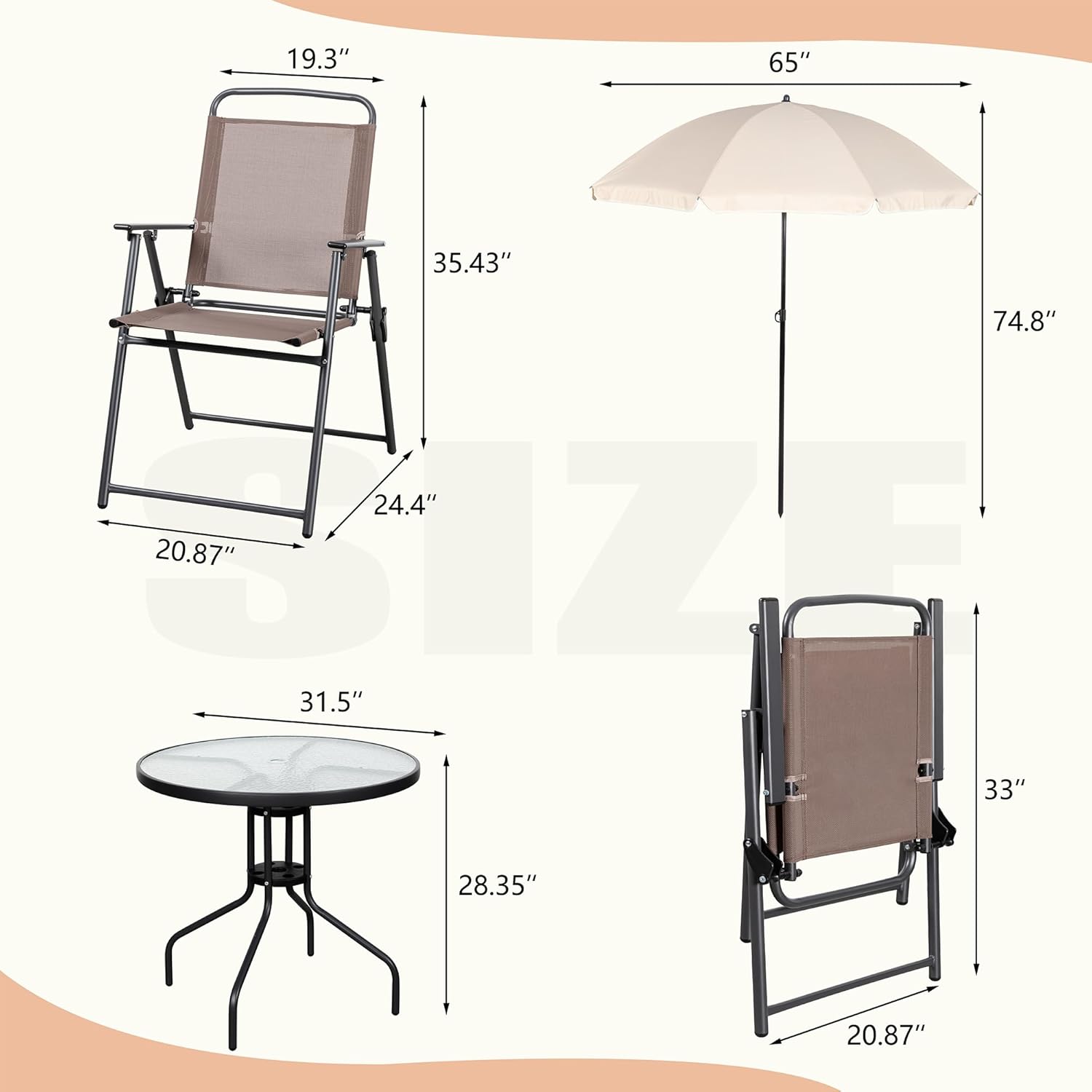 Vongrasig 6 Piece Folding Patio Dining Set,Small Metal Outdoor Garden Patio Table and Chair Set w/Umbrella for Lawn,Deck,Backyard,Black wourant