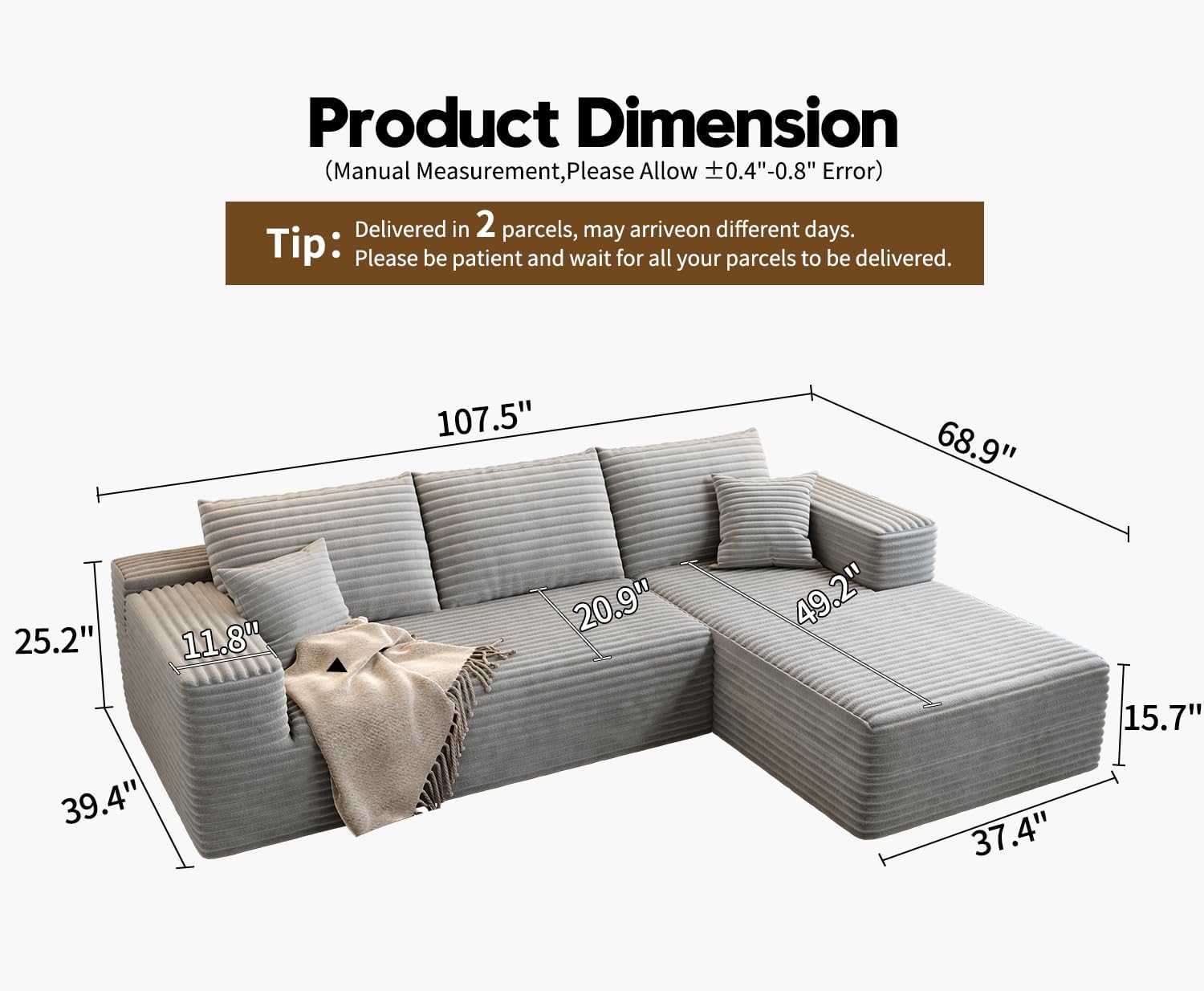 107.5" Cloud Modular Sectional Sofa Couch with L-Shape Chaise,Modern Minimalist Upholstered Couches wourant