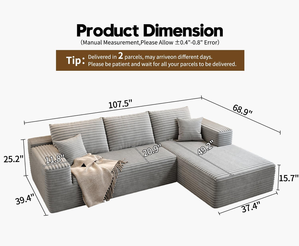 107.5 inch Cloud Modular Sectional Sofa with L-Shaped Chaise Lounge, Modern Minimalist Upholstered Sofa Deep Seating Corner Sofa wourant