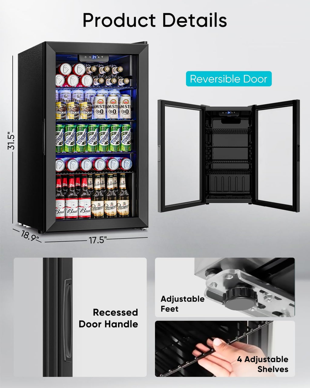 Beverage Refrigerator Cooler - 126 Can Mini Fridge Glass Door for Drinks Soda Beer Wine - Small Refrigerator for Office Bedroom Home Bar, 4 Adjustable Shelves, 3.2 Cu.Ft, Silver wourant