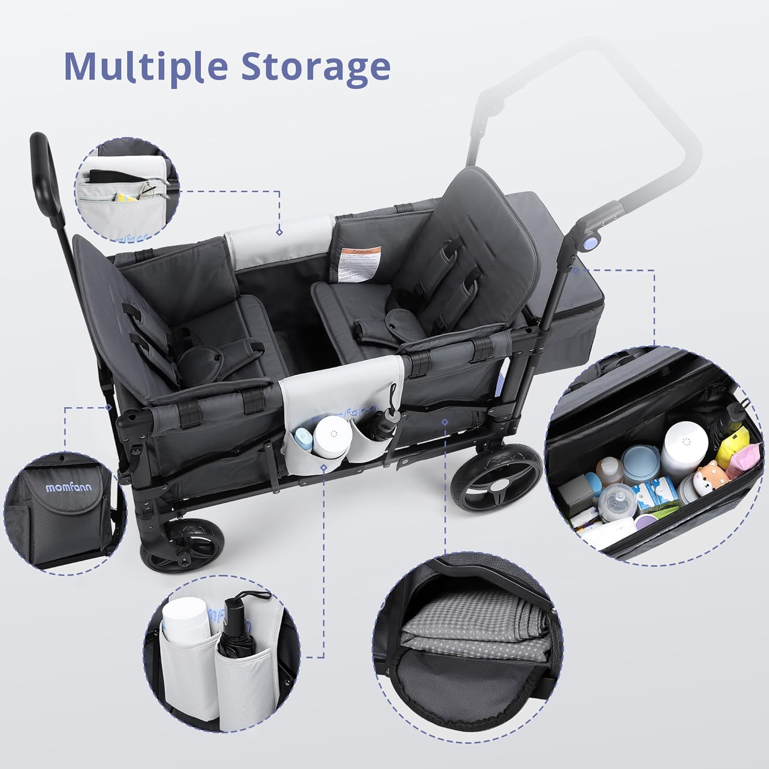 Stroller Wagon for Kids, Wagon Stroller Toddlers 2 Seaters, All-Terrain Baby Wagon Outdoor with Canopy, Parent Organizer, Adjustable Handle & Pull Bar for Infants and Toddlers, Gray wourant