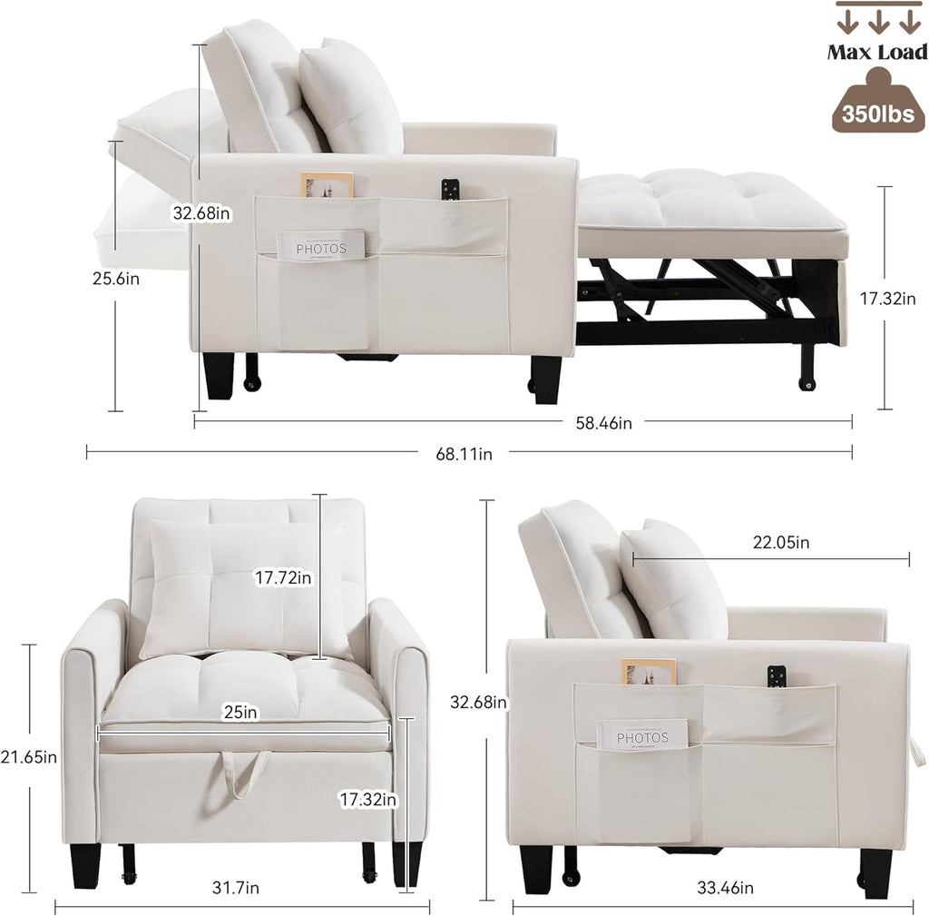 Convertible Sleeper Chair, 3 in 1 Sleeper Chair Bed Pull Out Sofa Bed Chairs, Velvet Single Sofa with Adjustable Backrest wourant