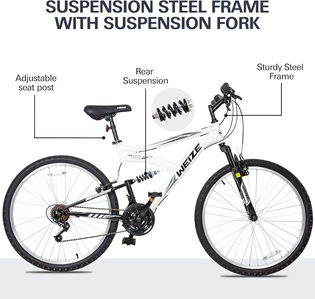 WEIZE Mountain Bike, 26 27.5 inch Outdoor Hybrid Bikes,18-Speed/High-Carbon Steel/Dual Full Suspension, Adjustable Ergonomic Seat for Men Women Adult, MTB Bicycle with Suspension Fork,Sleek Colors wourant