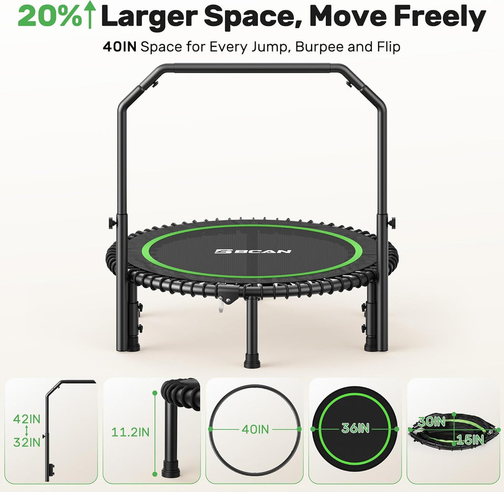 BCAN 450/550 LBS Foldable Mini Trampoline, 40"/48" Fitness Trampoline with Bungees, U Shape Adjustable Foam Handle, Stable & Quiet Exercise Rebounder for Adults Indoor/Outdoor Workout wourant