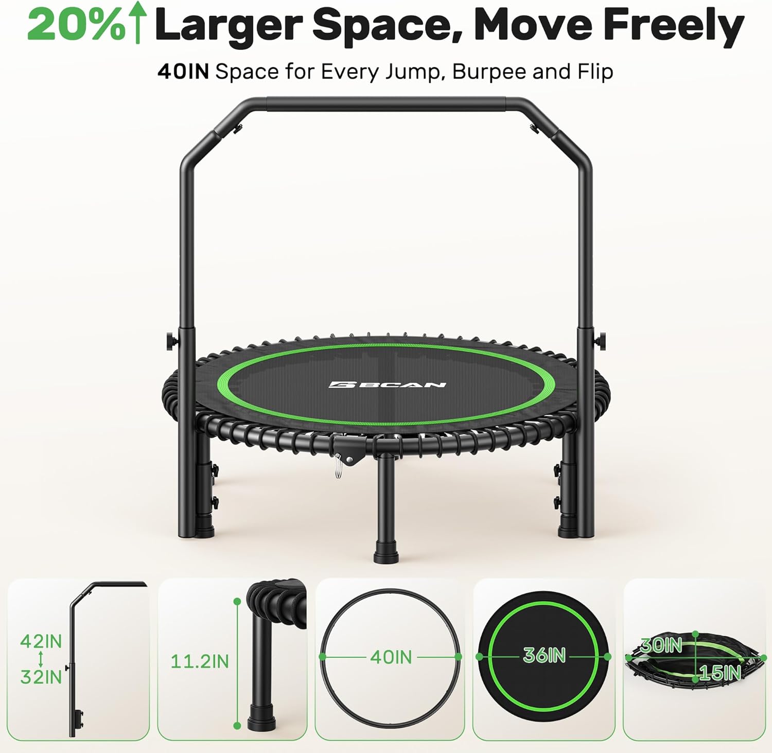 BCAN 450/550 LBS Foldable Mini Trampoline, 40"/48" Fitness Trampoline with Bungees, U Shape Adjustable Foam Handle, Stable & Quiet Exercise Rebounder for Adults Indoor/Outdoor Workout wourant