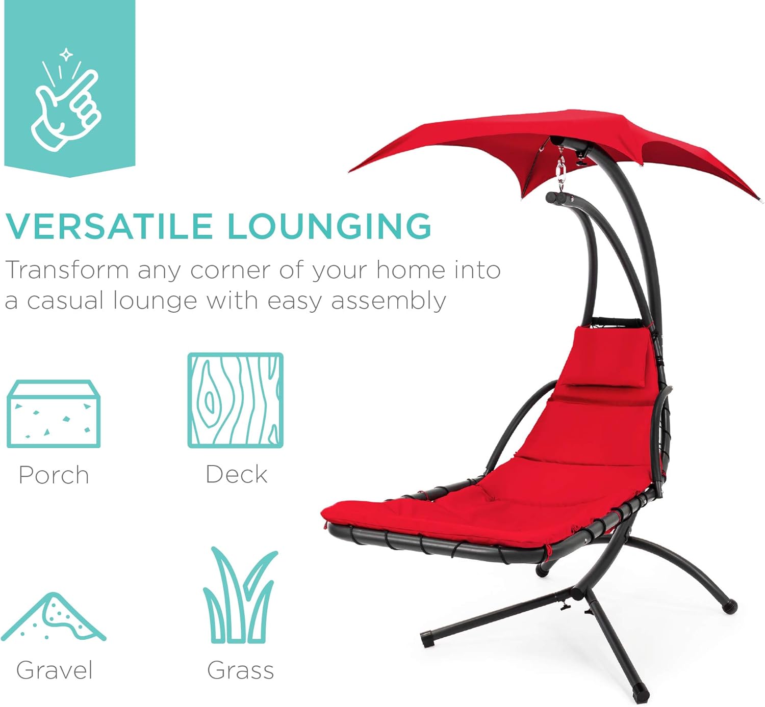 Best Choice Products Outdoor Hanging Curved Steel Chaise Lounge Chair Swing w/Built-in Pillow and Removable Canopy - Charcoal Gray wourant