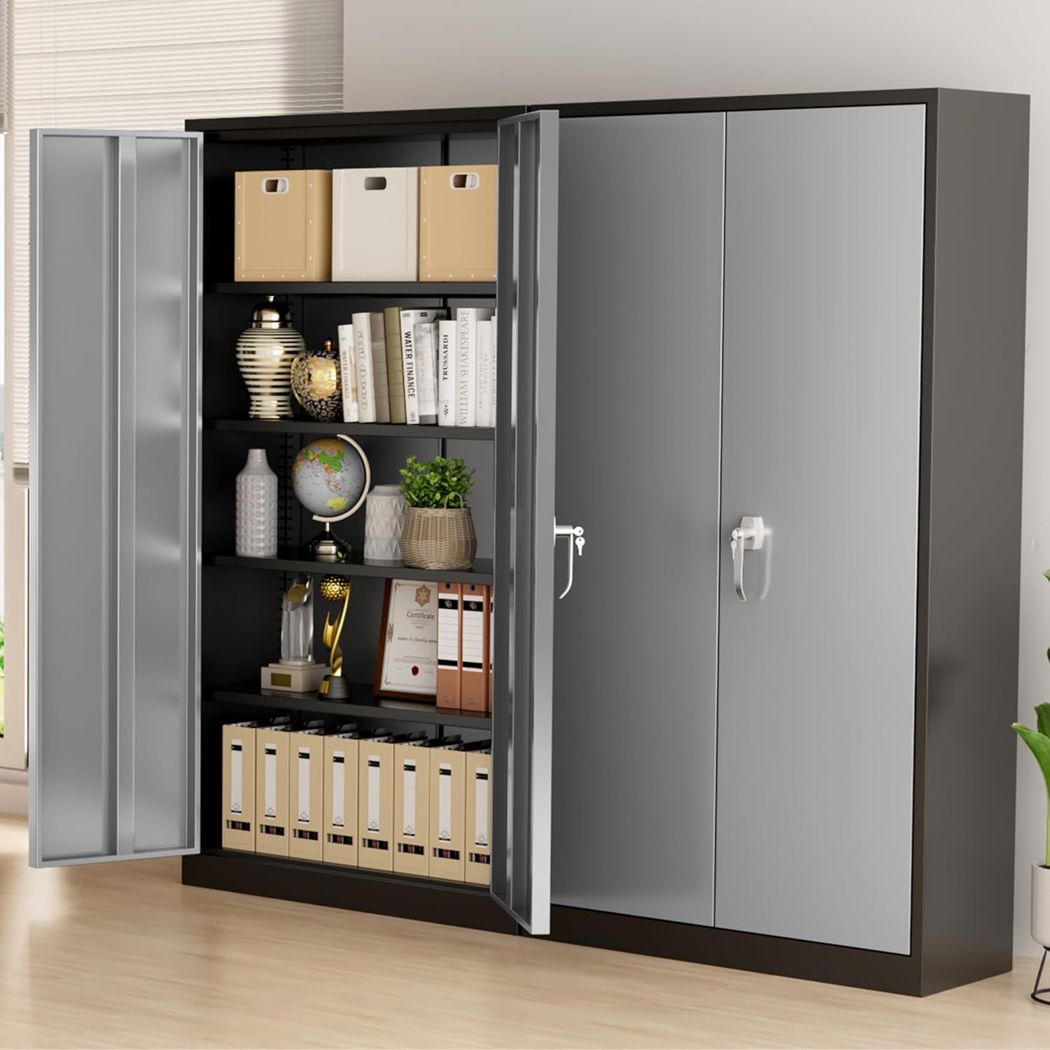 Greenvelly Metal Storage Cabinet, 72" Black Locking Metal Cabinet with 2 Doors and 4 Adjustable Shelves, Lockable Garage Storage Cabinets for Home Office, Garage, Kitchen, Living Room wourant