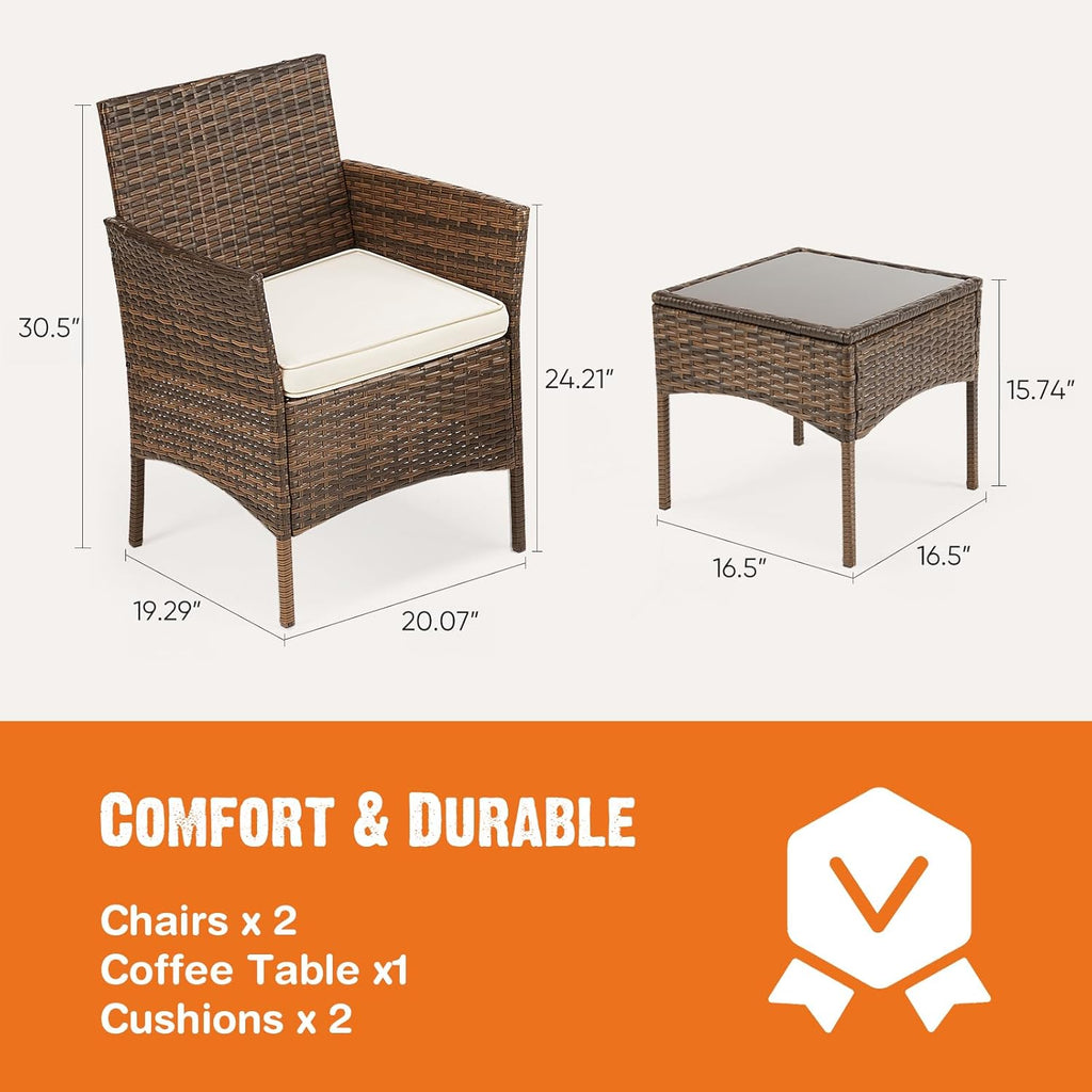 Sweetcripy Patio Furniture Set 3 Pieces, Outdoor Furniture with Soft Cushion and Glass Table, All Weather Manual Weaving Wicker Rattan Patio Chairs for Garden, Terrace, Porch(Black and Beige) wourant