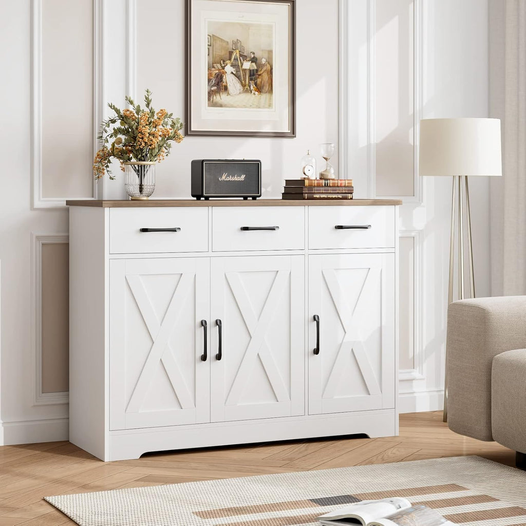 Modern farmhouse sideboard, barn door buffet storage cabinet with drawers and shelves, wooden coffee bar with storage wourant