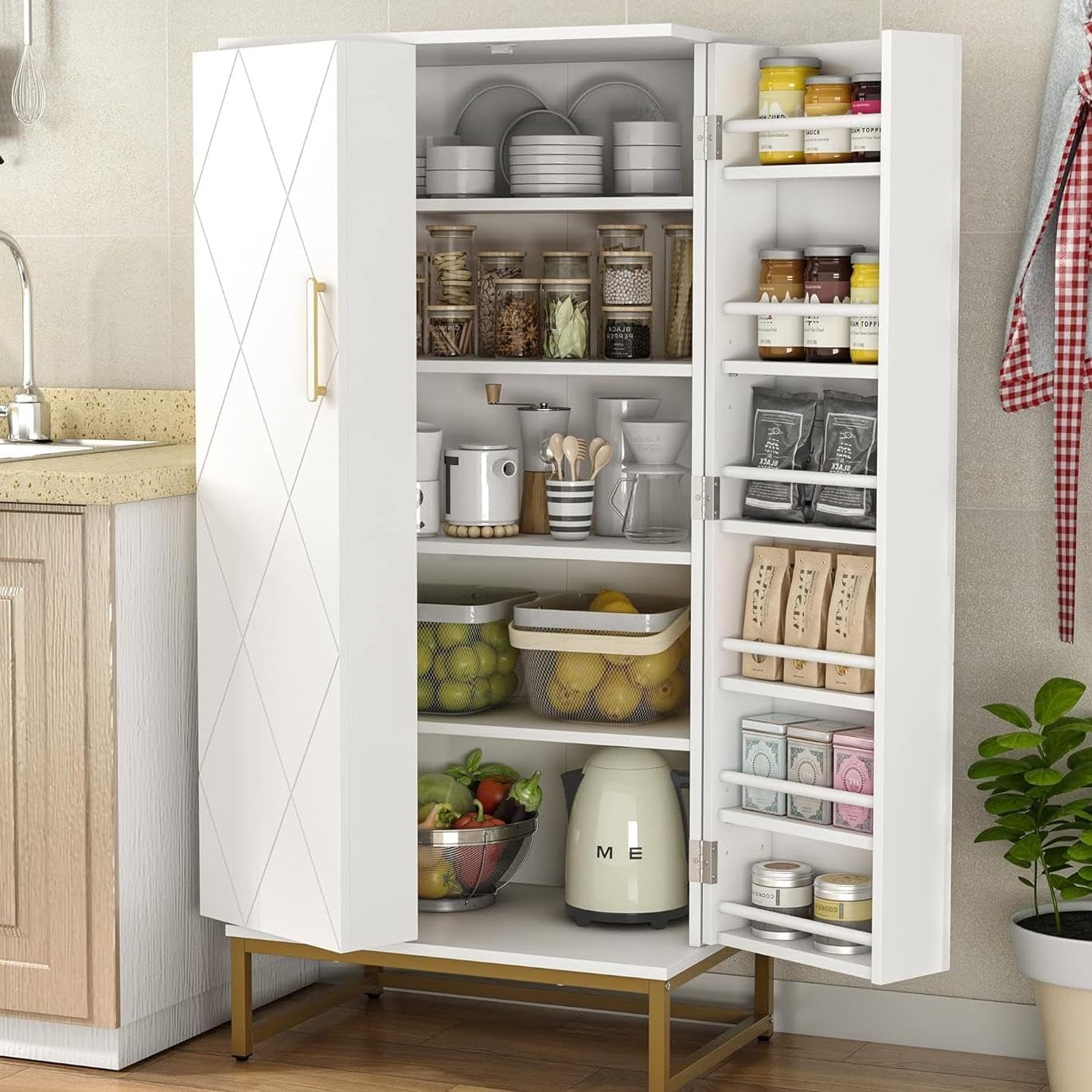 47 Pantry Cabinet, Kitchen Pantry Storage Cabinet with Doors and Adjustable Shelves wourant