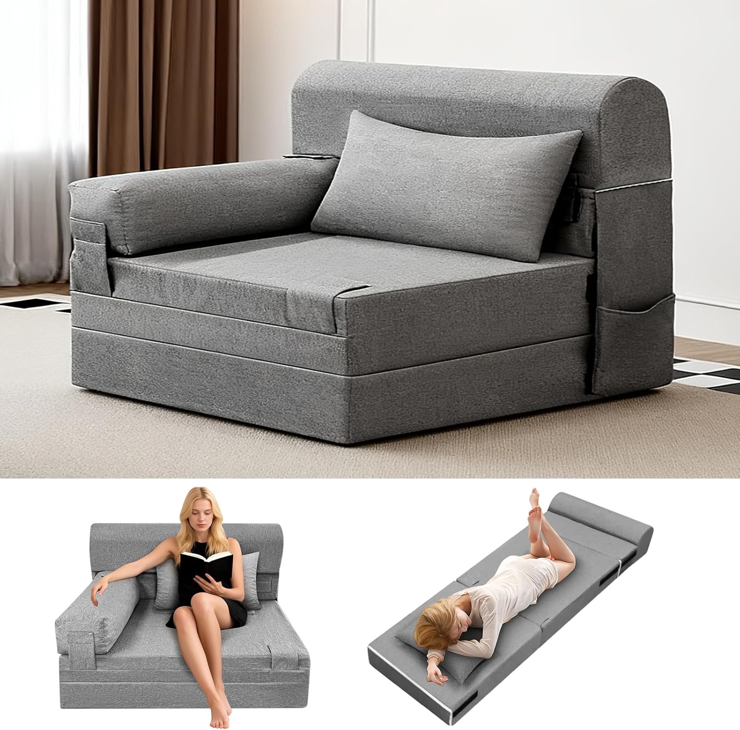Folding Sofa Bed Convertible Sleeper Chair with Pillow Modern Linen Fabric Comfy Floor wourant
