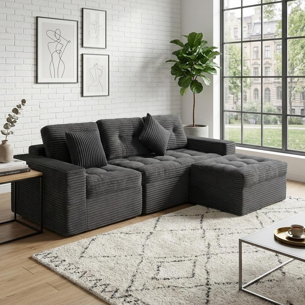 135" Oversized Compressed Sectional Sofa - 33D High-Density Foam Cloud Couch with Deep Seat - Minimalist 3-Piece Corduroy Upholstered Boneless Modular Lounge Couch | Breathable material, Full Foam, Anti-slip wourant