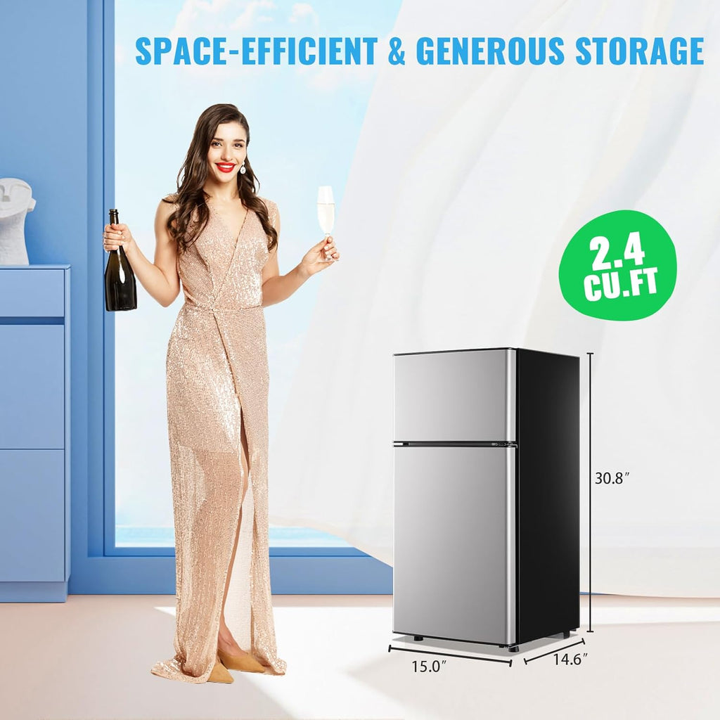 2.4 Cu.Ft Mini Fridge with Freezer & Double Door Small Tiny Size Refrigerator with 7 Temperature Control Knob Only Suitable for One Person Use Black wourant