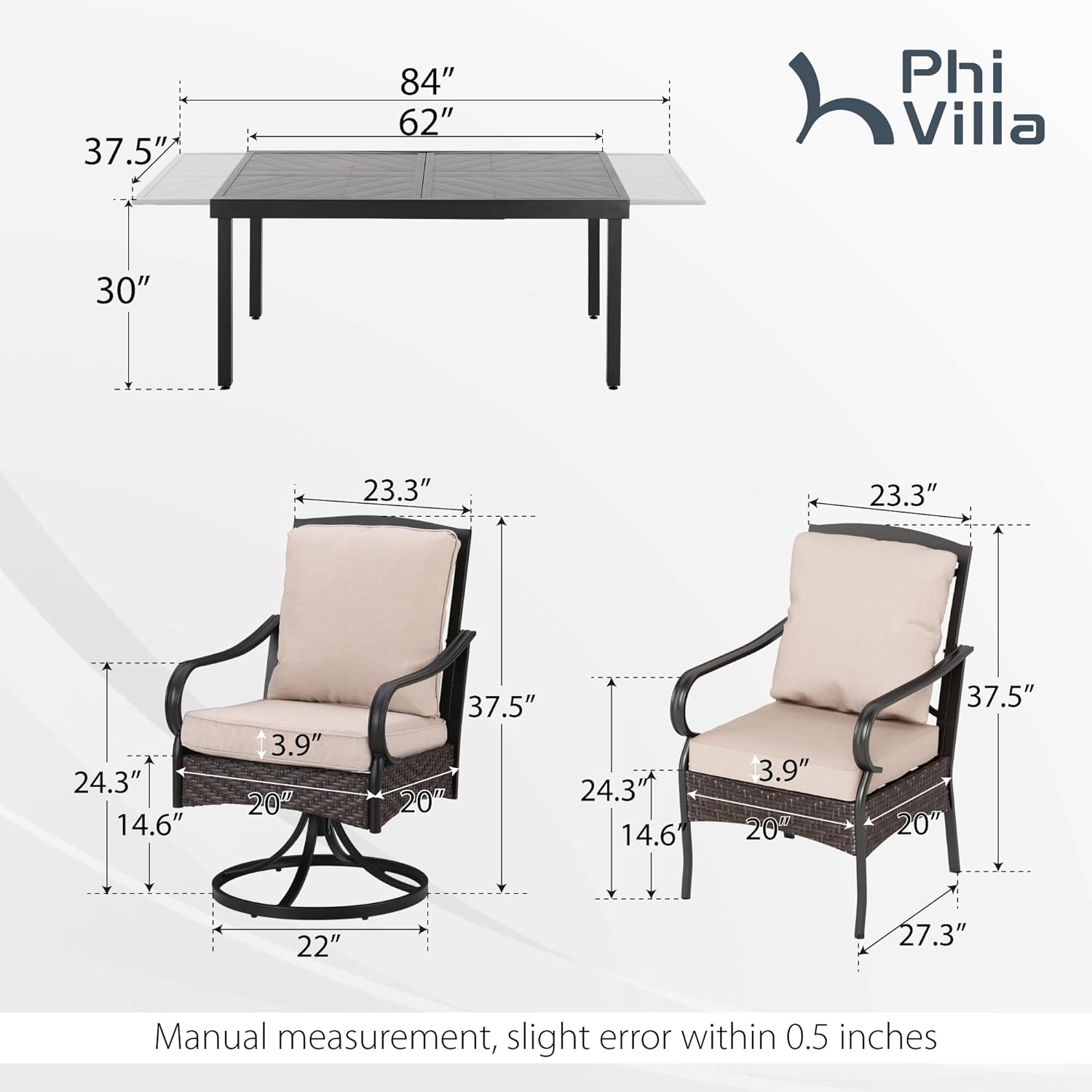 PHI VILLA 6-Piece Outdoor Dining Sets, All-Weather Patio Table and Chairs Set with Umbrella for 4, Heavy Duty Patio Round Table Set for Deck, 4 Extra Large Outdoor Swivel Chairs with Thick Cushions wourant