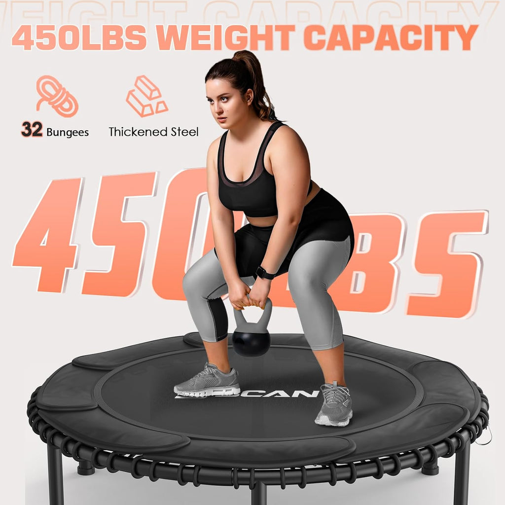 BCAN 450/550 LBS Foldable Mini Trampoline, 40"/48" Fitness Trampoline with Bungees, U Shape Adjustable Foam Handle, Stable & Quiet Exercise Rebounder for Adults Indoor/Outdoor Workout wourant