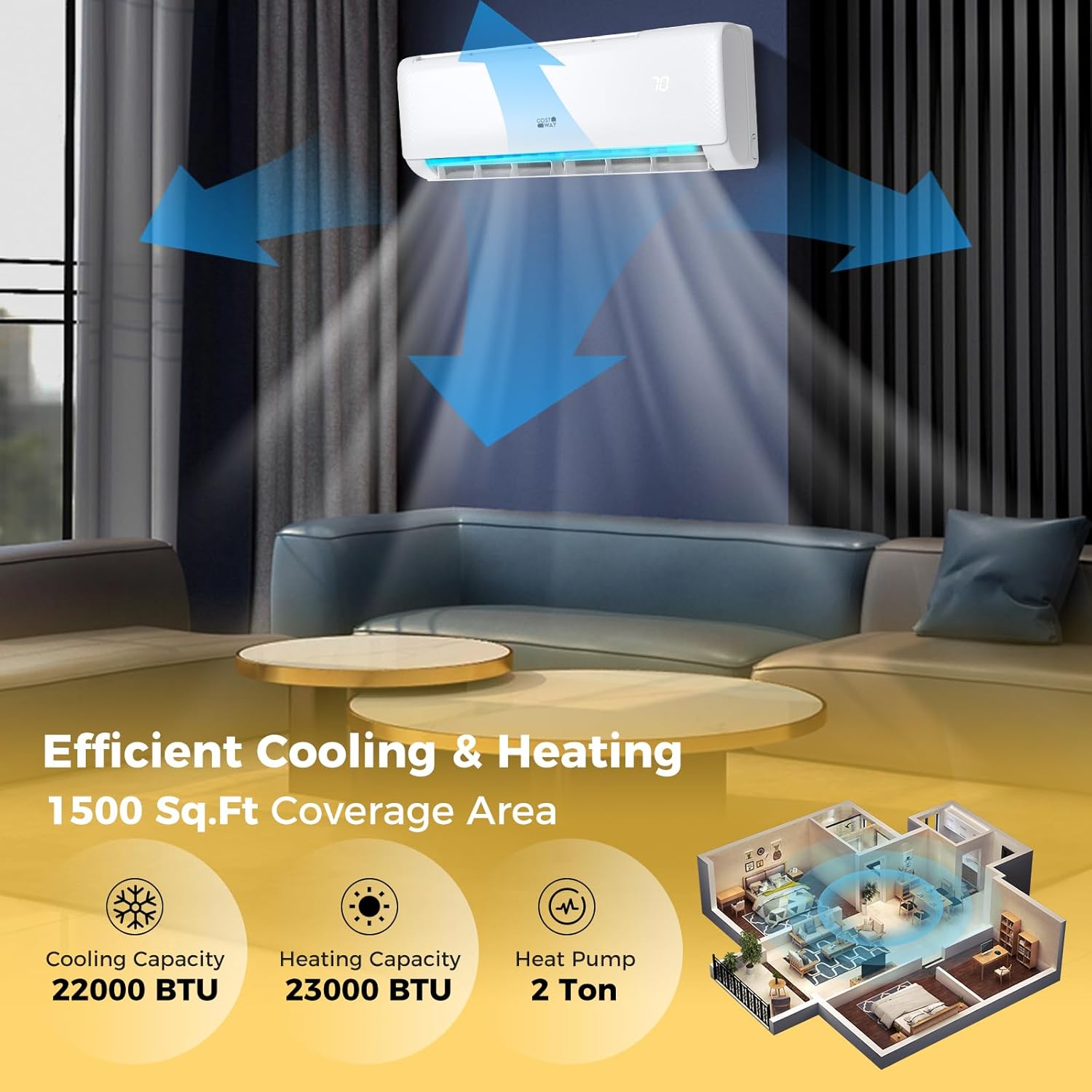 COSTWAY 12000BTU Mini Split Air Conditioner& Heater, 20 SEER2 115V Wall-Mounted Ductless AC Unit Cools Rooms up to 750 Sq. Ft, Energy Efficient Inverter AC with Heat Pump (Blast Series) wourant