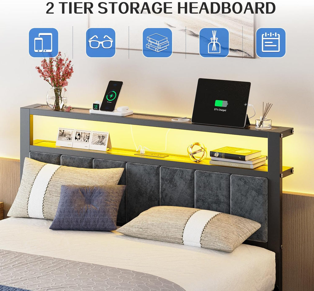 Queen Size Bed Frame with 2-Tier Storage Shelves Headboard Platform Bed Charging Station wourant