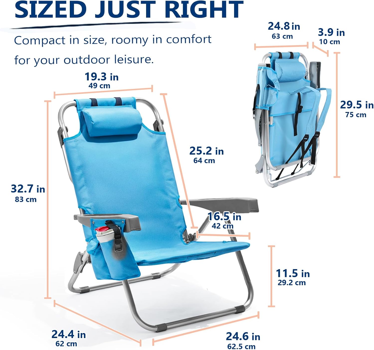 5-Position Aluminum Lay Flat Tall Backpack Beach Chairs 2 Pack Compact Portable Beach Chairs for Adults with Cooler Pouch, Storage Pouch, Towel Bar, Cup Holder & Phone Holder, Blue Stripe wourant